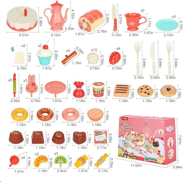 82Pcs DIY Cutting Birthday Cake Food Toys Pretend Playset-Light and Music with Candles,Dessert for Kids Toddlers T26