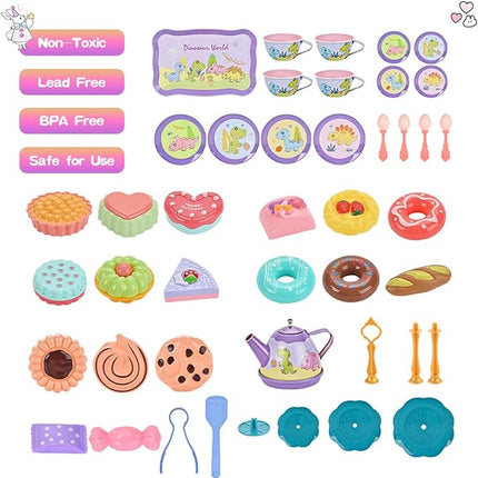 45Pcs Tea Party Set for Little Girls Princess Tea Time Toy Playset Ocean/Dinosaur Theme Kids Tea Set with Desserts & Carrying Case Kitchen Pretend Toy T133