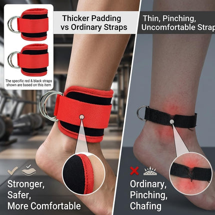 OVTSPO 2-PACK Fitness Ankle Cuff Adjustable Padded Strap with Metal D Ring for Leg and Glute Training, Cable Machine and Home Gym, RED