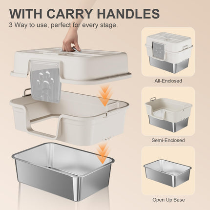 Stainless Steel Litter Box with Lid, XL Extra Large Litter Box for Big Cats, Enclosed Metal Litterboxes High Sided with Handles, Easy Cleaning Anti-Urine Leakage, Mat & Filter Pedal & Scoop, Beige