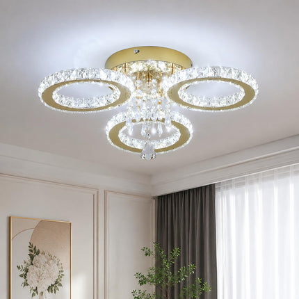 VETRULUS 3-Ring Crystal LED Chandelier Gold Flush Ceiling Light Cool White