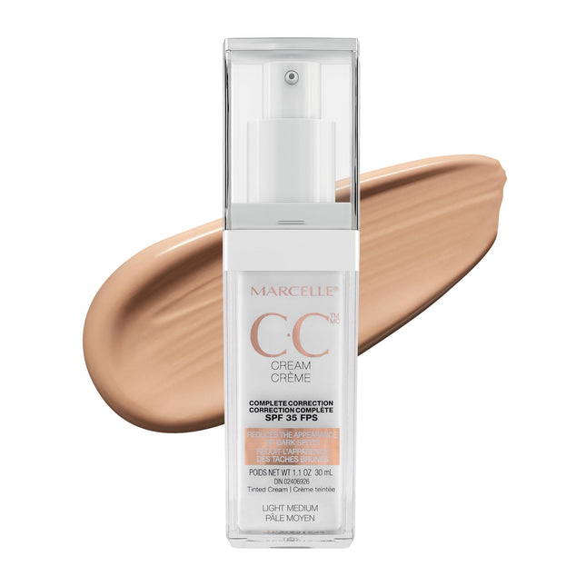 Marcelle CC Cream SPF 35, Light Medium, Complete Correction, Tinted Moisturizer, Perfume-Free, Paraben-Free, Oil-Free, Hypoallergenic, Cruelty-Free, 30 mL