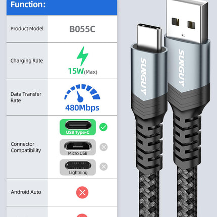 SUNGUY USB C Cable 1FT [2Pack], Flat USB A to USB C Charger Cable 3A Fast Charging Data Transfer Braided Compatible with iPhone 16 15 Pro/Pro Max/Plus, Samsung Galaxy S23 S22, Note 20 10