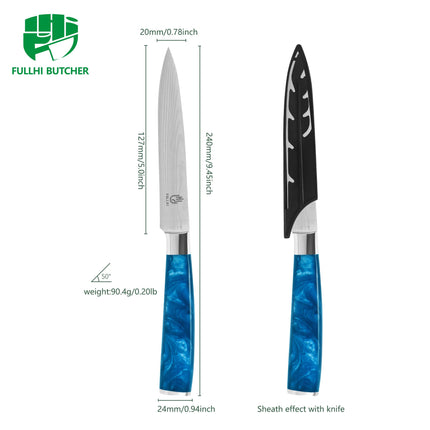 FULLHI 5" Japanese Utility Paring Stainless Steel Knife with Sheath Guard, Blue Resin