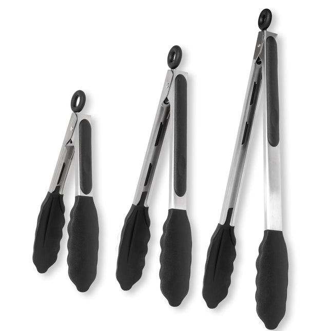 Cukitish 3-PIECE Stainless Steel Kitchen Tongs with Silicone Tips, SIZES, 18, 23, 30cm
