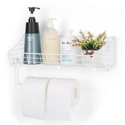 FAGIGY Wall Mount Metal Wire Basket Hanging Toilet Paper Holder Shelf with Towel Bar Organizer, White