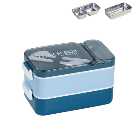 LetsLife 1600ml Bento Box for Adult Kids, Double-Layer Large Lunch Containers with Stainless Steel Inner, Built-in Cutlery and Sauce Pot, Leakproof Food Storage Container Set, Microwavable
