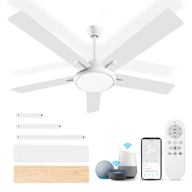OUTON 52"Ceiling Fans with Lights & Remote Control, LED Dimmable Modern Ceiling Fan with 5 Dual Finish Blades, 3 Color Temperature, Indoor Outdoor Ceiling Fan for Bedroom Living Room Patio, White