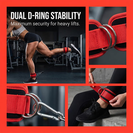 OVTSPO 2-PACK Fitness Ankle Cuff Adjustable Padded Strap with Metal D Ring for Leg and Glute Training, Cable Machine and Home Gym, RED