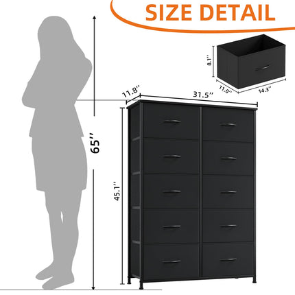 Somdot Dresser for Bedroom with 10 Drawers, Wide Storage Organizer Chest of Drawers with Fabric Bins for Closet Bedside Nursery Living Room Laundry Entryway Hallway,Black