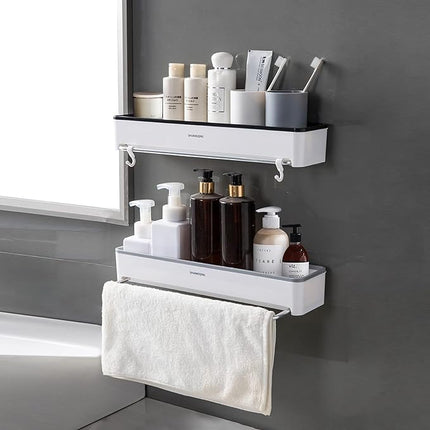 KRAMOW 2-Pack Adhesive No Drilling Wall Mounted Shelf with Hook Organizer, White