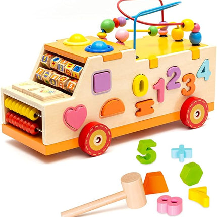 6-1 Wooden Pounding Toy Bead Maze Shape Matching Car Toys with Knocking Table and Arithmetic Montessori Early Education Toys T128