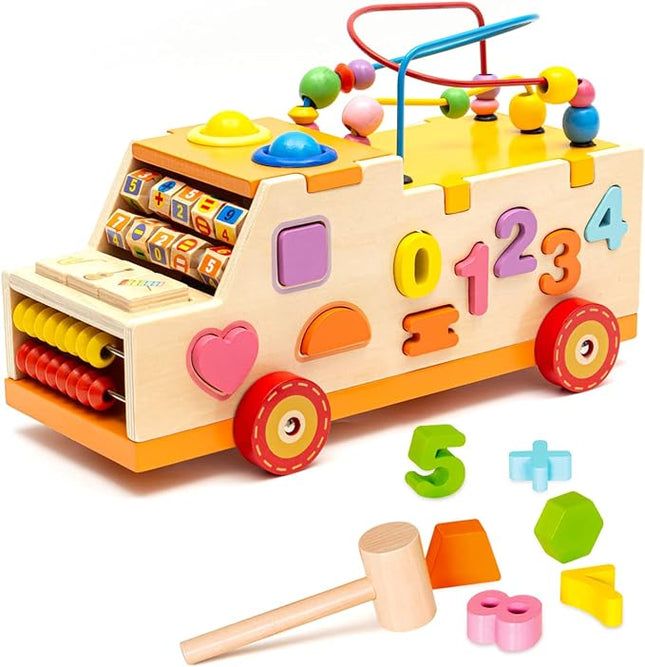 6-1 Wooden Pounding Toy Bead Maze Shape Matching Car Toys with Knocking Table and Arithmetic Montessori Early Education Toys T128