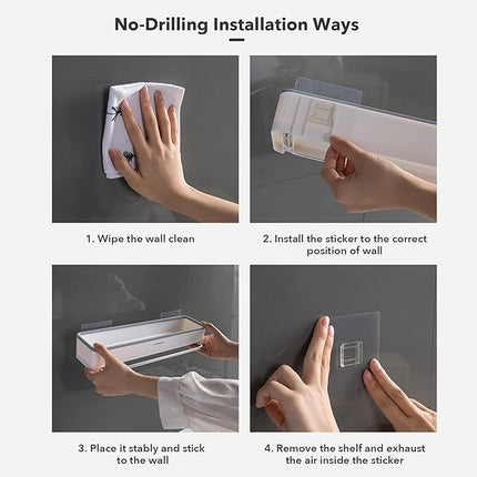 KRAMOW 2-Pack Adhesive No Drilling Wall Mounted Shelf with Hook Organizer, White