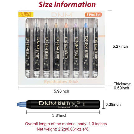 DNM 8Pcs Glitter Eye Shadow Sticks Liner Pencils Makeup, Pearl White Smokey Black Gray Silver Violet Purple Khaki Royal Blue Shimmer Glitter Eyeliner Pencil Cream Eyeshadow Palette Makeup