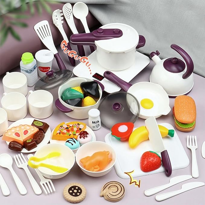 Aomola Kids Pretend Play Kitchen Toys 61PCS Cooking Set Cookware Pots and Pans Playset, Steam Cooking Utensils, Toy Cutlery, Peeling and Cutting Play Food Gift (White) T5