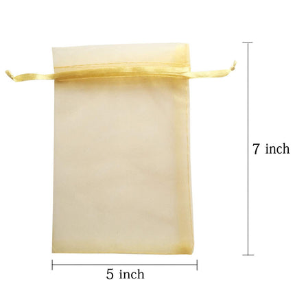 Pimuza 100pcs 5x7 inch Gifts Wrap Bags Gold, Organza Sheer Fabric Bulk, Drawstring