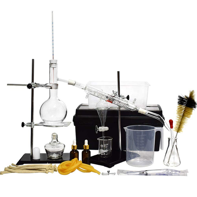New 500ml 44pcs Lab Essential Oil Distillation Apparatus Water Purifier Distiller Glassware Kits w/Tool Case Condenser Pipe