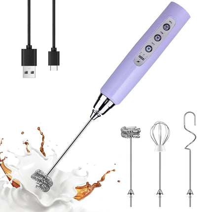 YUSWKO Handheld Milk Frother Wand for Coffee, Rechargeable Electric Whisk with 3 Heads 3 Speeds Drink Mixer Coffee Frother for Latte, Cappuccino, Hot Chocolate, Egg