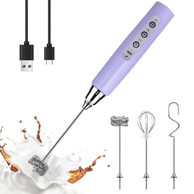 YUSWKO Handheld Milk Frother Wand for Coffee, Rechargeable Electric Whisk with 3 Heads 3 Speeds Drink Mixer Coffee Frother for Latte, Cappuccino, Hot Chocolate, Egg