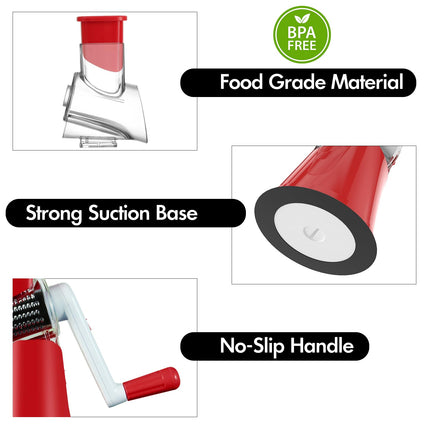 ANCEVSK Rotary Cheese Grater Shredder, Speed Kitchen Manual Round Mandolin Slicer Safe Grinder with 3 Interchangeable Blades for Nuts, Carrot, Hashbrown, Garlic, Walnut, Potato, Chocolate, Red