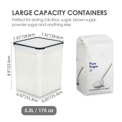 Vtopmart 4 Pcs Large Pantry Food Storage Containers 5.2L, 176oz, Plastic Airtight Kitchen Organizers and Storage for Flour, Cereal, and Pasta with 4 Measuring Cups and 24 Labels, Black