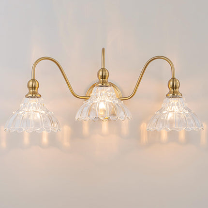 BrkNit Vintage Bathroom Light Fixtures Over Mirror, 3-Light Brass Wall Sconce Lighting with Flower Glass Shade, Farmhouse Vanity Lights for Bedroom Kitchen Living Room Hallway Light