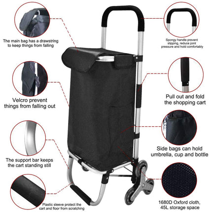 EALING Anti-Slip Bar Folding Shopping Trolley Utility Cart with 3+3-Wheels, Detachable Bags 2 Extra Pockets Adjustable Bungee Cord, Black/Silver