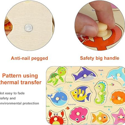 Wooden Peg Puzzles for Toddlers, Toddler Puzzles Set Letters, Numbers, Sea Animals and Vehicles 4 Pack Preschool Educational Learning Toys T77