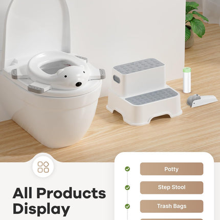 BUNWAG Potty Training Toilet with Toddler Step Stool, Attached Trash Bags and Spout Extender, Portable for Boys Girls Use in Indoor and Outdoor (Kids Potty Seat + Step Stool Set)