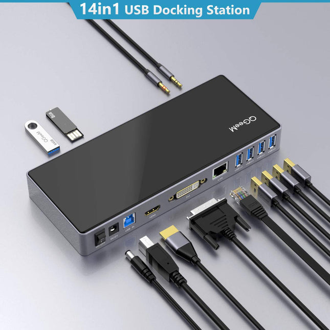 QGEEM USB Docking Station USB 3.0 Universal Laptop Docking Station Windows Chrome OS,Mac os10.8 Above(Dual Video HDMI and DVI/VGA,Gigabit Ethernet,Audio,6xUSB 3.0 Ports),Docking Station Dual Monitor