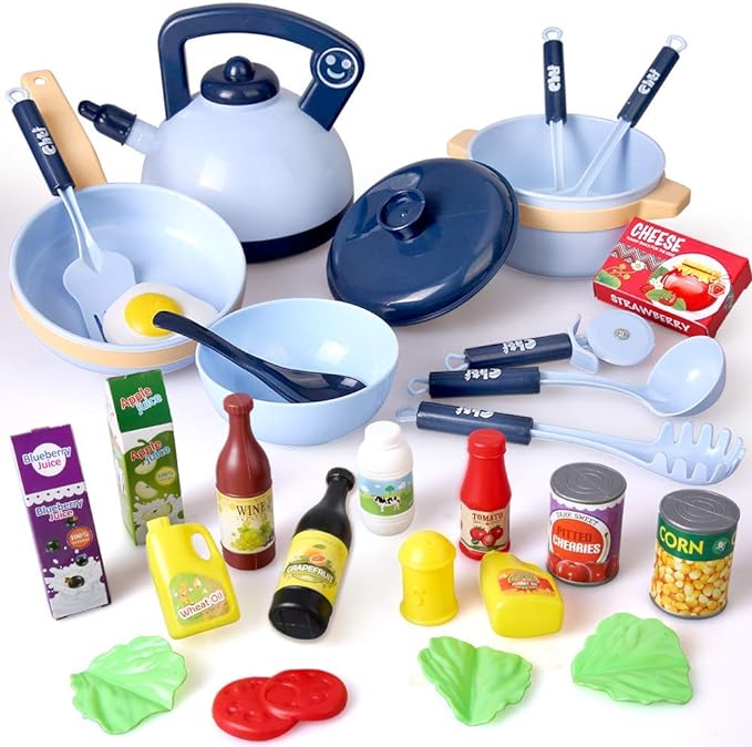 Veluoess 28PCS Kids Kitchen Pretend Cooking Play Toys,Role Play Game Cookware Pot and Pan Toy Set,Cooking Utensils Accessories Toys T31