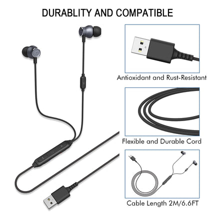 GEVO USB Earbuds with Microphone for PC, USB Gaming Earbuds for PC Laptop Desktop Notebook PS5 PS4, Noise Cancelling Mic Wired Earphones for Zoom, Team Working, Meeting Online Work, Music 2M/6.6FT