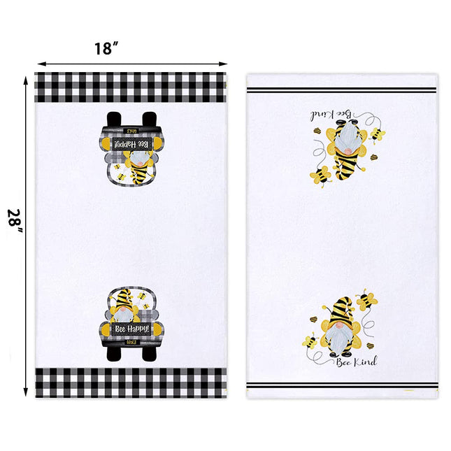 Secarond Set of 2 Buffalo Plaid Bee Gnome Kitchen Dish Towel 18 x 28 Inch, Seasonal Spring Summer Bee Happy Tea Towels Dish Cloth for Cooking Baking