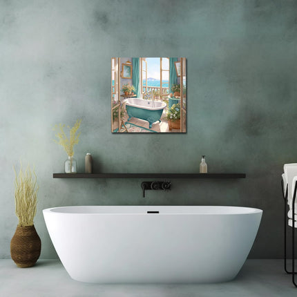 LZIMU Bathroom Wall Decor Teal Bathtub Wall Art Rustic Flower Canvas Prints Sea View from The Window Artwork for Bathroom Restroom Washroom Decor (Bathtub-2, 16"x16")