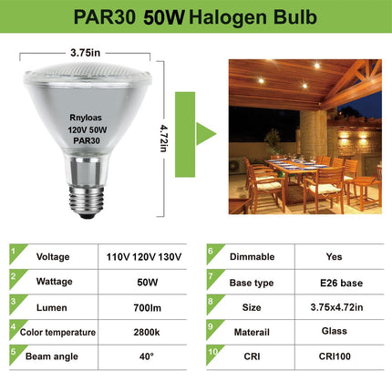Rnyloas PAR30 Long Neck Halogen Bulb 50W 120V Warm White 2800K E26 Base