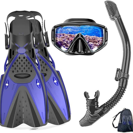 Snorkel Mask Set for Adults Diving Swimming Equipment with Flippers, Snorkelling Antifog Mask and Gear with Breathing Tube Fins for Men, Women