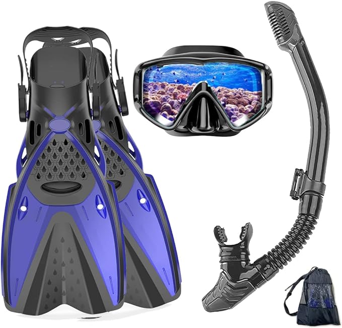 Snorkel Mask Set for Adults Diving Swimming Equipment with Flippers, Snorkelling Antifog Mask and Gear with Breathing Tube Fins for Men, Women