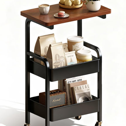 PRENSYA 3 Tier Rolling Storage Cart with Wooden Tabletop, Heavy Duty Metal Utility Trolley with Lockable 360° Wheels, Mobile Organizer for Kitchen, Bathroom, Office, Laundry, Bedroom, Study Room Black