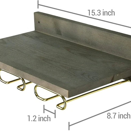Wall Mounted Gray Wood Kitchen Floating Shelf with Brass Metal Wine Glass Stemware Holder Rack
