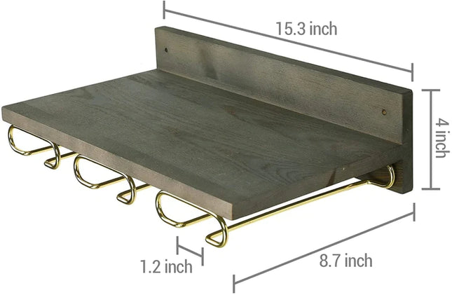 Wall Mounted Gray Wood Kitchen Floating Shelf with Brass Metal Wine Glass Stemware Holder Rack