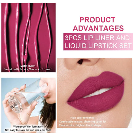 DNM 3PCS Rose red Plum Warm pink Deep cranberry Lip Stain Matte Lip Liner and Lipstick Set Long Lasting Set