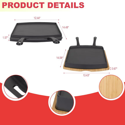 Reversible Sizzling Plate & Wooden Base for Oven,BBQ,Stove,Outdoor Cooking | Cast Iron Steak Plates with Removable Handle for Pizza Oven,BBQ,Stove top,Skillet Plates for Outdoor Cooking,Dual-Sided 14.5"X13"