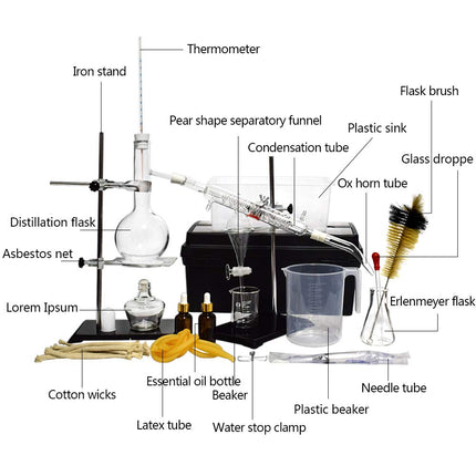 New 500ml 44pcs Lab Essential Oil Distillation Apparatus Water Purifier Distiller Glassware Kits w/Tool Case Condenser Pipe