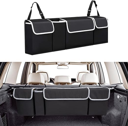 Car Trunk Organizer, Backseat Hanging Storage Bag with 4 Pockets, Foldable Waterproof Oxford Cargo Storage Bag for SUV Truck MPV VAN T8
