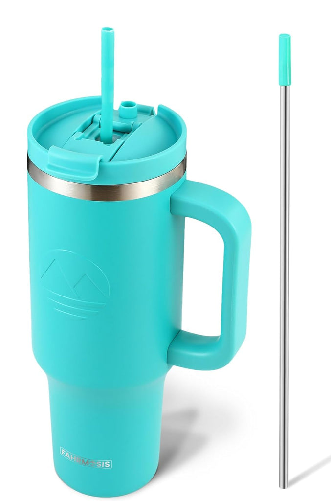 40 Oz Tumbler with Handle and Straw Insulated Cup that Fits in Cup Holder for Hot & Cold Drinks Leak Proof Tumbler with Straw Stainless Steel Travel Mug for Men & Women - Teal