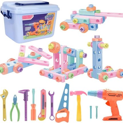 Bee bee Run 79PCS Kids Tool Set with Tool Box & Electronic Toy Drill, Pink STEM Pretend Play Tool Toy T20