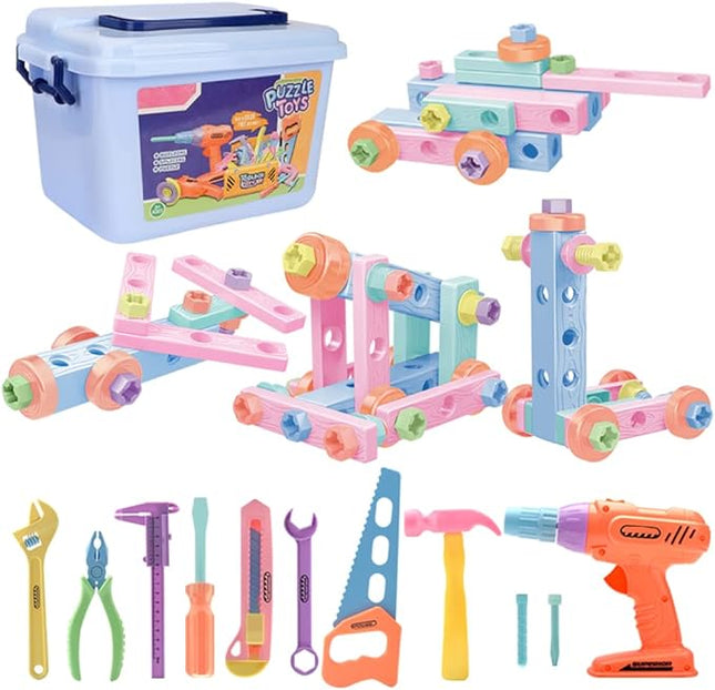 Bee bee Run 79PCS Kids Tool Set with Tool Box & Electronic Toy Drill, Pink STEM Pretend Play Tool Toy T20