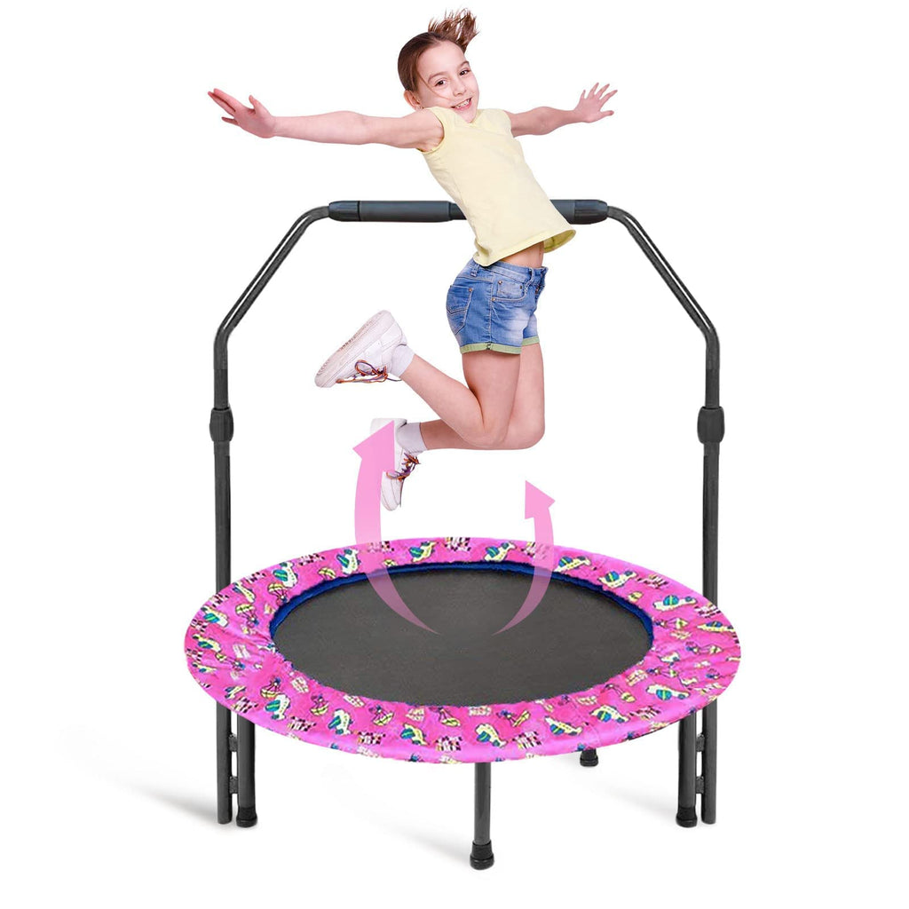 36'' Mini Trampoline for Kids With Adjustable Handle and Safety Padded Cover - Foldable Indoor & Outdoor Rebounder for Toddler Play and Exercise
