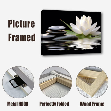 LZIMU Zen Canvas Wall Art White Lotus and Black Zen Stones Bloom in Water Picture Prints for Yoga Spa Meditation Spiritual Room Bathroom Decor (Zen-1, 20"x30")